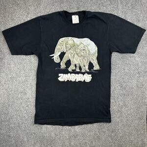 AFRICA ZIMBABWE Vtg Threads Elephants T-SHIRT Size (M) Black Rare 100% Cotton